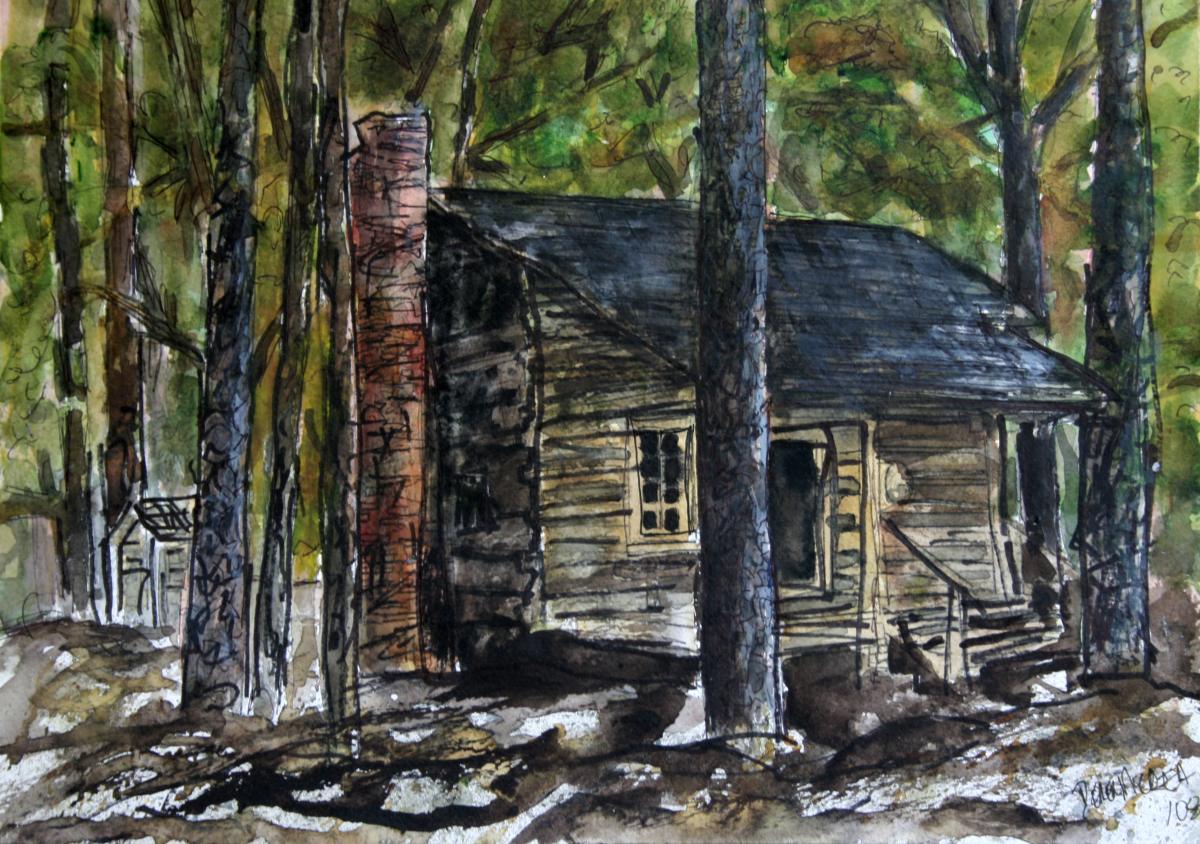 Watercolor Paintings Art by Derek McCrea Callaway Gardens Log Cabin Barn Painting