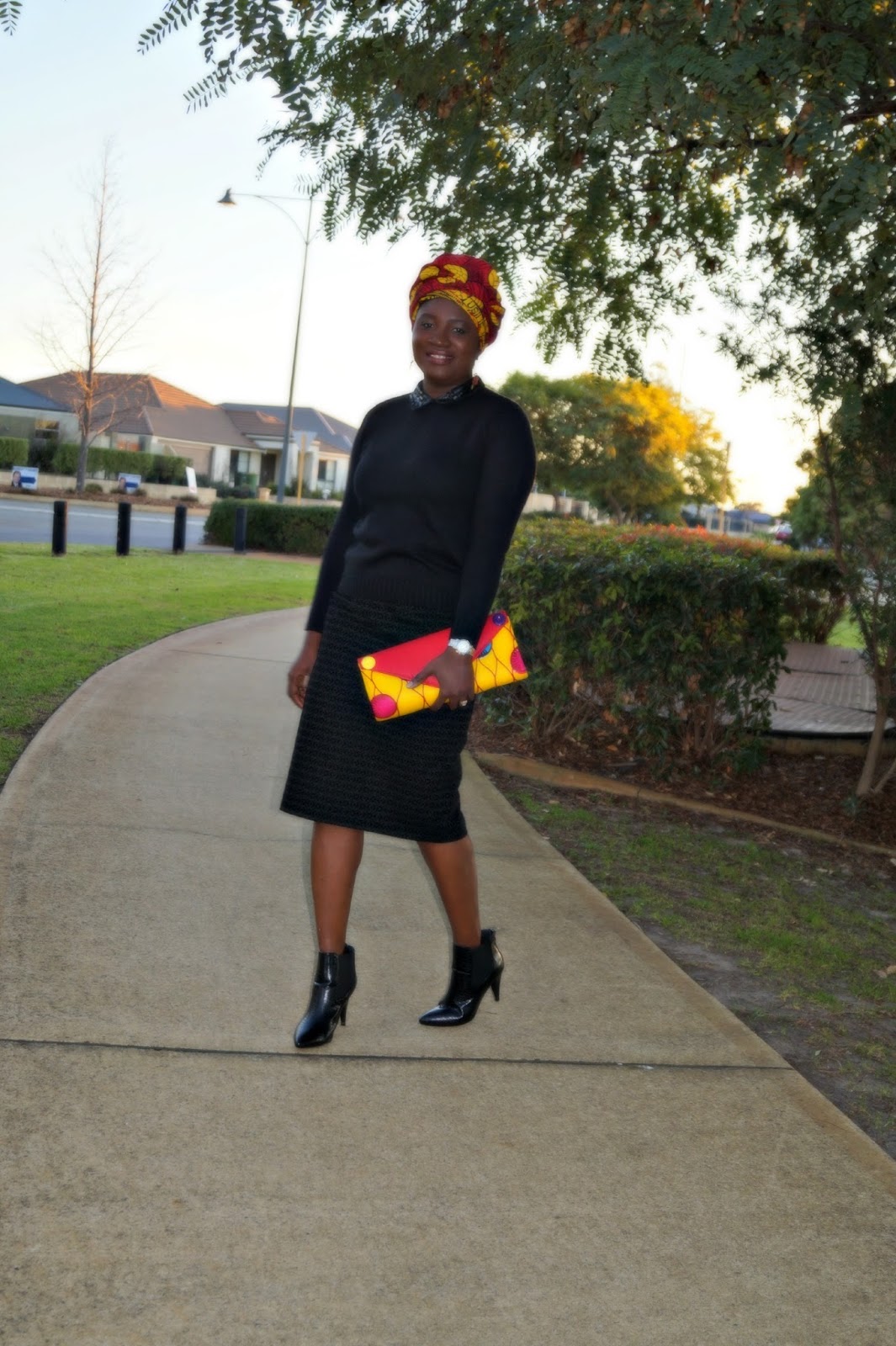 yellow red and black outfit