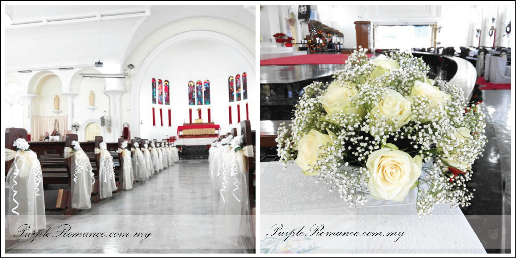 Church Wedding Decoration, St. John's Cathedral, Kuala Lumpur, white, ivory, organza, altar, modern, elegant, simple, arch, floral, roses, baby breath, selangor, malaysia