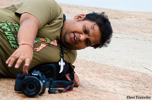 taking pictures at birthplace of hanuman ji in hampi