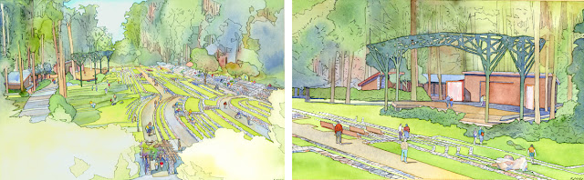 Lawrence Halprin’s renderings of the meadow (left) and the stage (right), 2003 Courtesy of the Stern Grove Festival Association