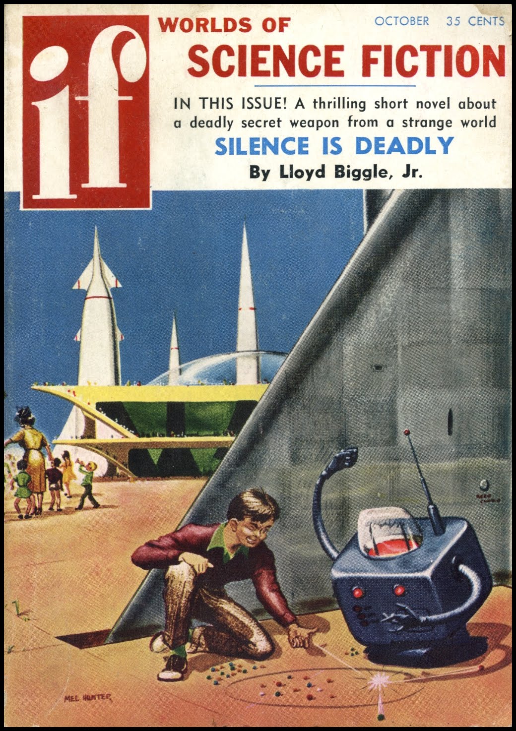 Nice science fictioncover from 1957. A boy is playing marbles with a ...