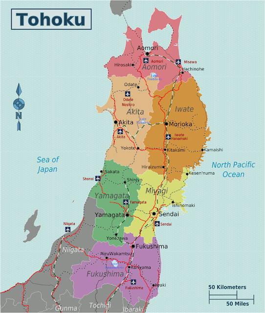 Карта префектур, соседних с Фукусимой
