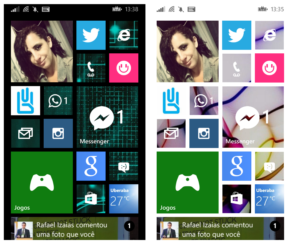 Opções de tela do WP8.1 Tela do Windows Phone 8.1 com temas claro e escuro, com tiles vazados que permitem a visualização do fundo. Acesse o blog Mineira sem Freio
