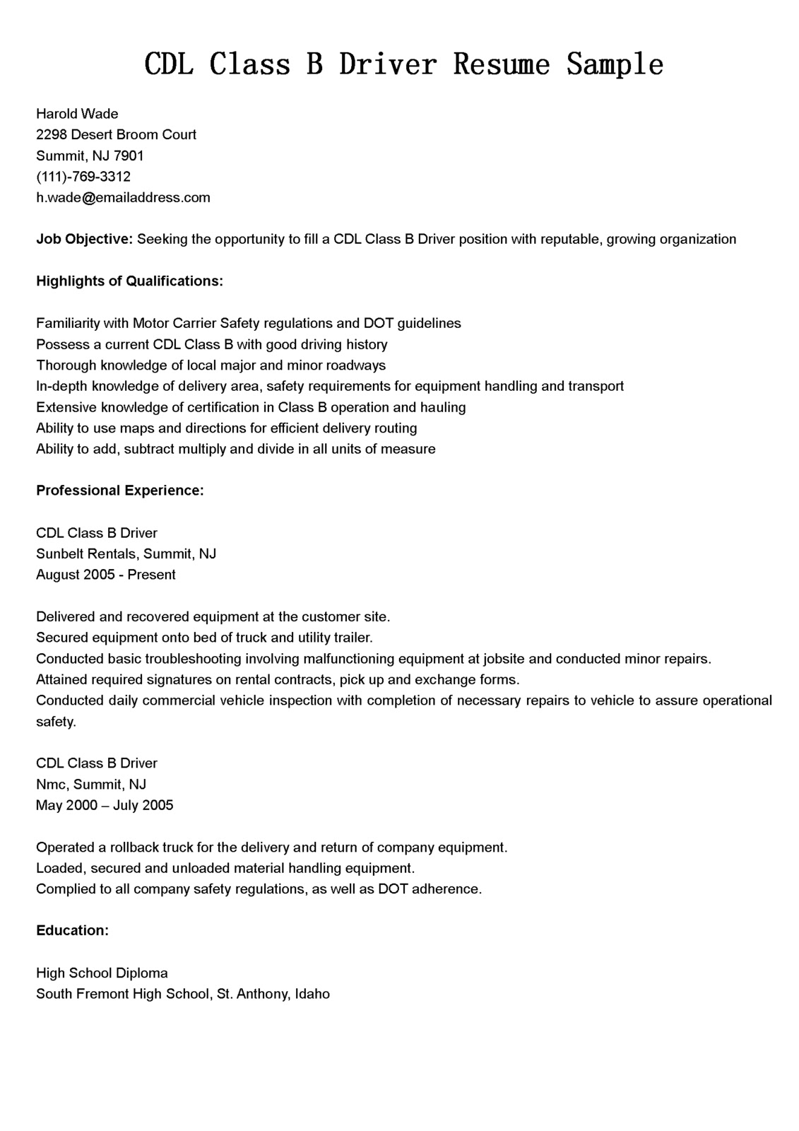 driver resumes cdl class b driver resume sample