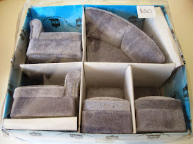 Modern miniature five piece grey velvet modular sofa set by Town Square Miniatures, in package.