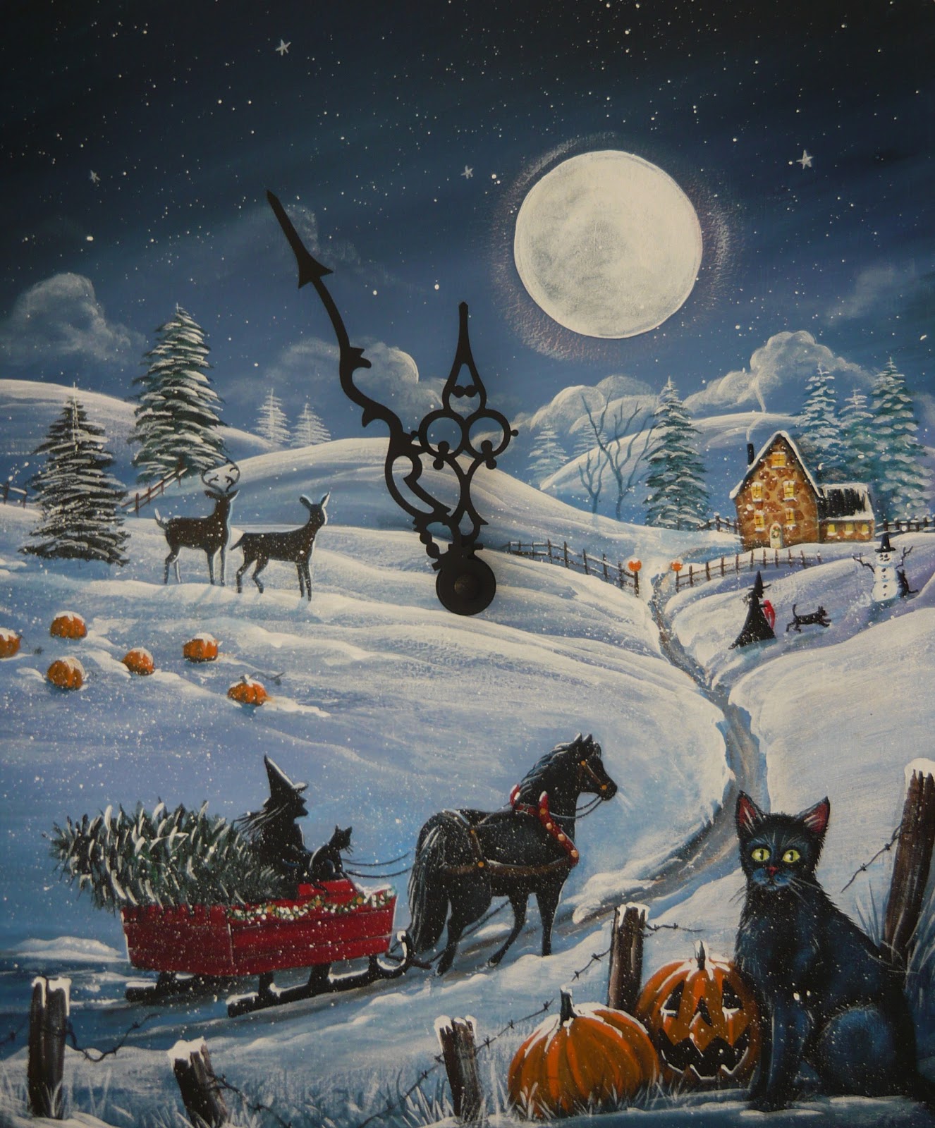 MAGIC BRUSH STUDIO OOAK HAND PAINTED HALLOWEEN CHRISTMAS MANTLE CLOCK