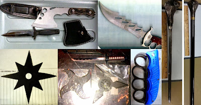 (Left to Right, Top to Bottom)Hatchet & Dagger (BUR), Large Knife (BOS), Sword Cane (LGA), Throwing Star (BUR), Throwing Stars & Knife (LAX), Folding Knuckle Knife (OTZ)