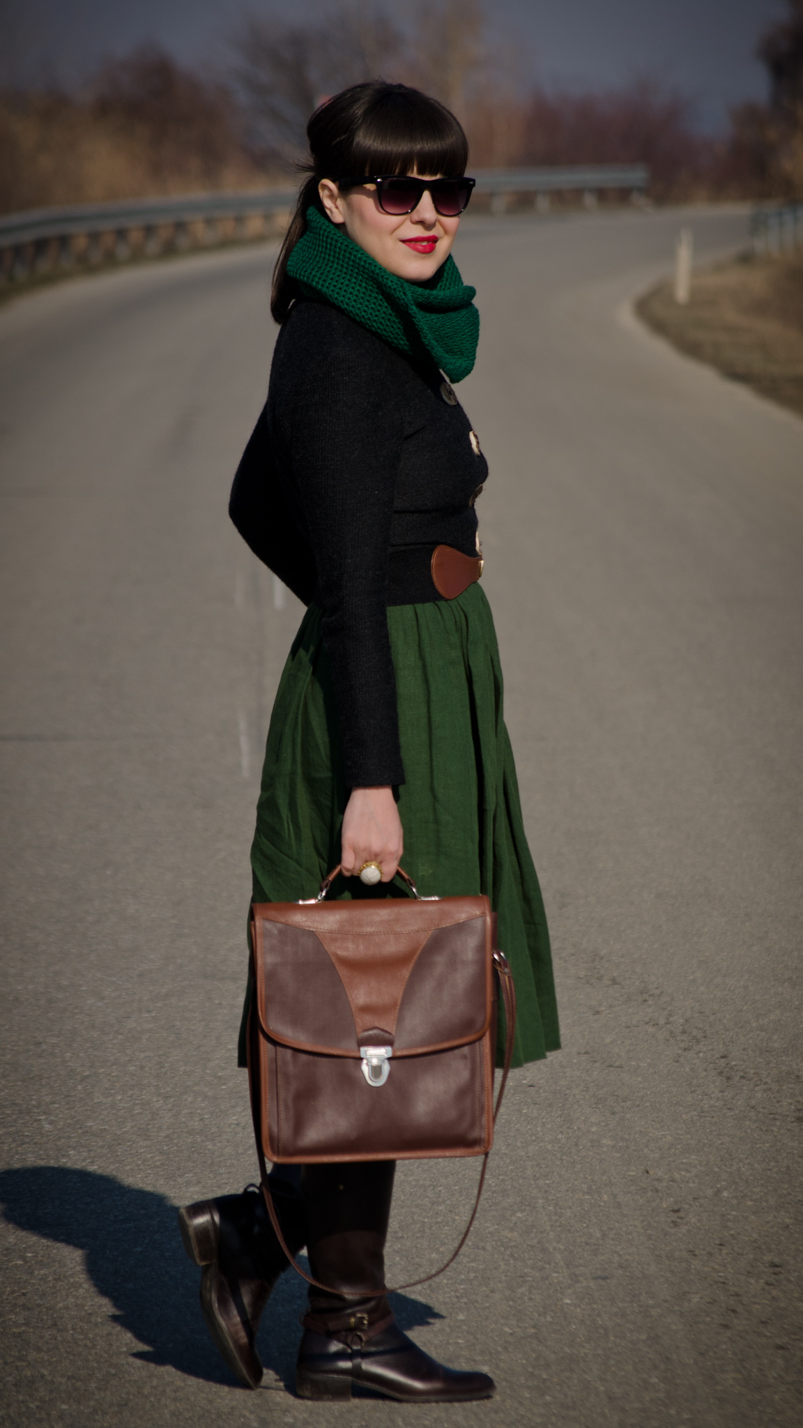 khaki midi dress thrifted brown boots green scarf army green outfit brown satchel bag