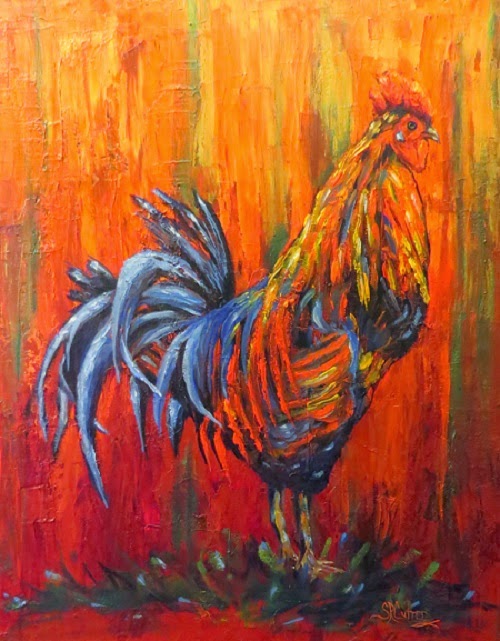 Hen Hunter, a brightly painted rooster in thick oils- SOLD!