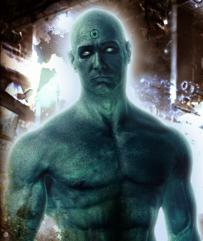This is how he look 95% of the time in the movie, Watchmen. 