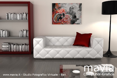 Rendering Interni 3d salotto con divano moderno in pelle bianca, realizzazione prototipo in Cinema 4d e Vray