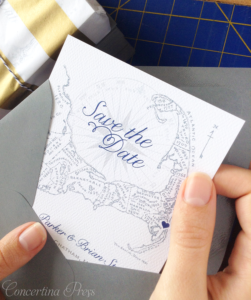 Cape Cod wedding blog photo from Concertina Press - Stationery and Invitations about Cape Cod Save the Dates in Gray and Navy Perfect for your Cape Cod Wedding