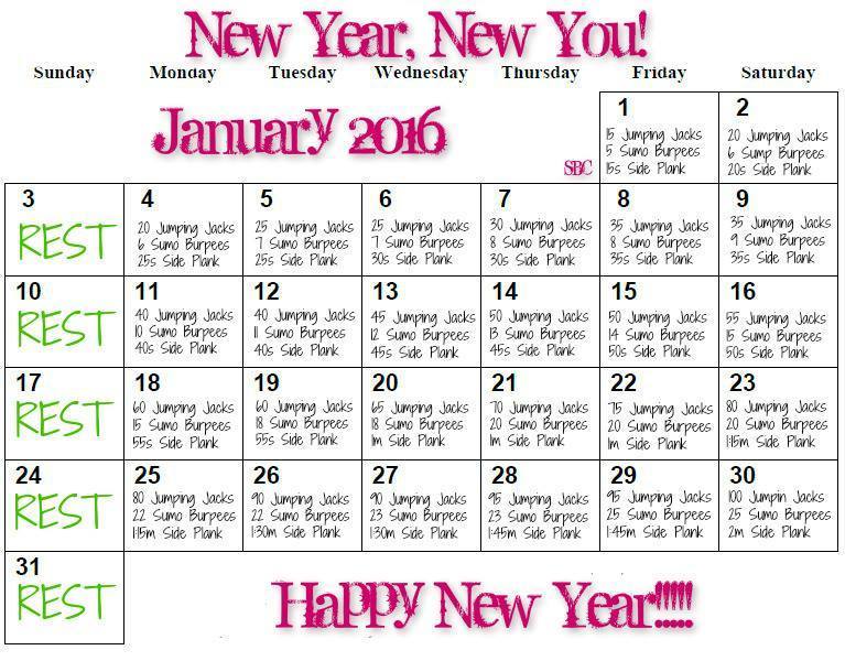 January Exercise Calendar, 2016 New Year Fitness Challenge