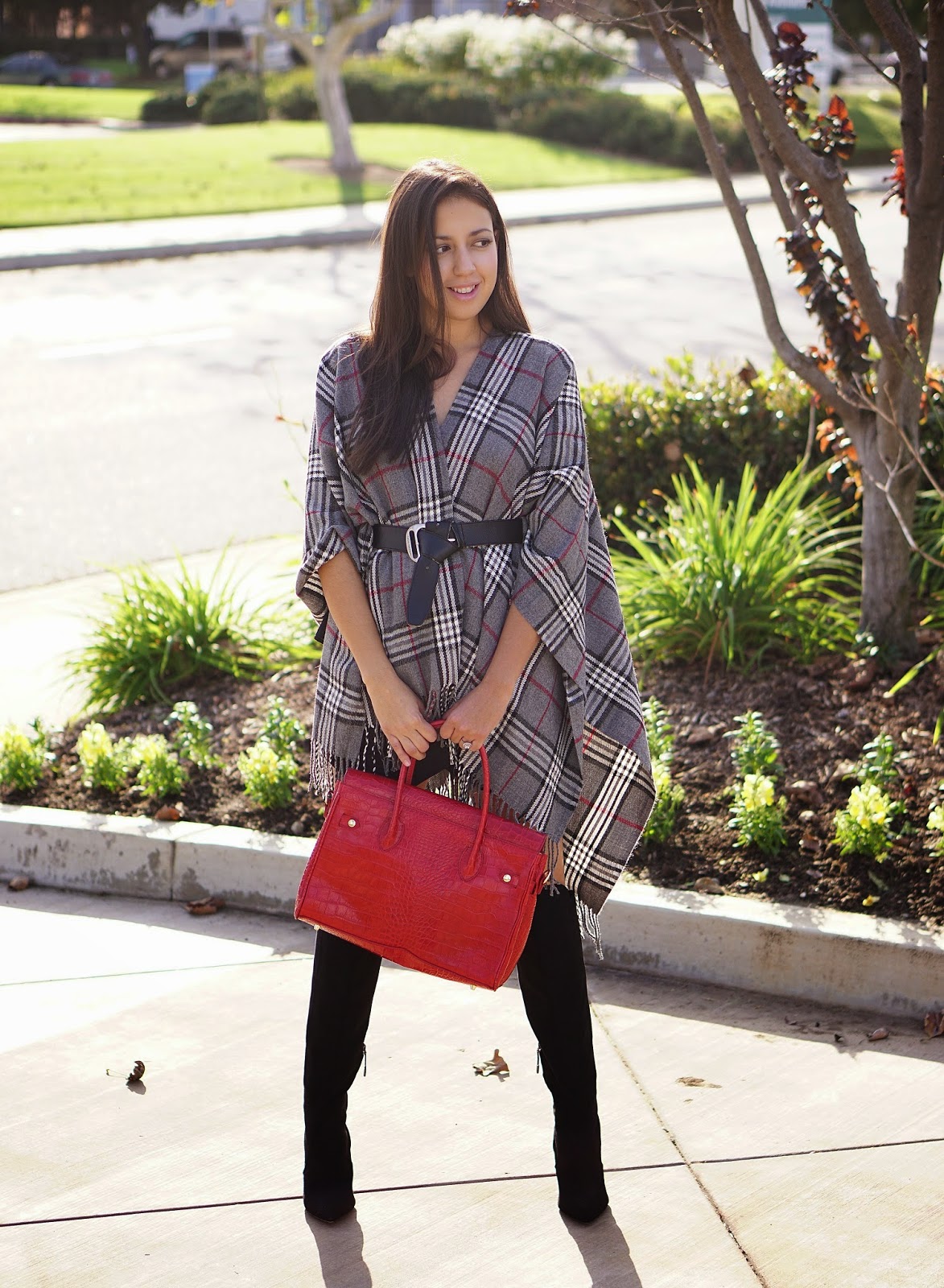 Black Knee High Boots, Blanket Fashion, Cape, Plaid Blanket, Plaid Cape, Plaid Wrap, Wrap, JCPenney Plaid Wrap, Black Skort, Express Skort, Forever 21 Knee High Boots, Vamilla Paris Bertie Bag, How to wear a wrap for fall, Red Bag, Hermes Inspired Bag, 