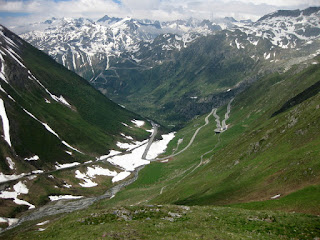 View of the hairpins on the road descending the western side of the Furkapass, Switzerland