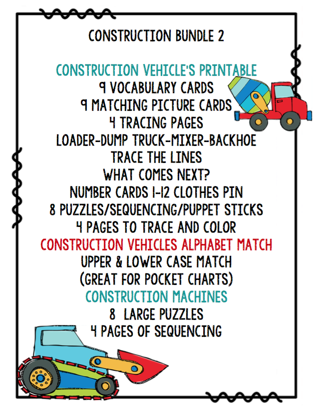 Preschool Bundle Construction Vehicles Preschool Printables