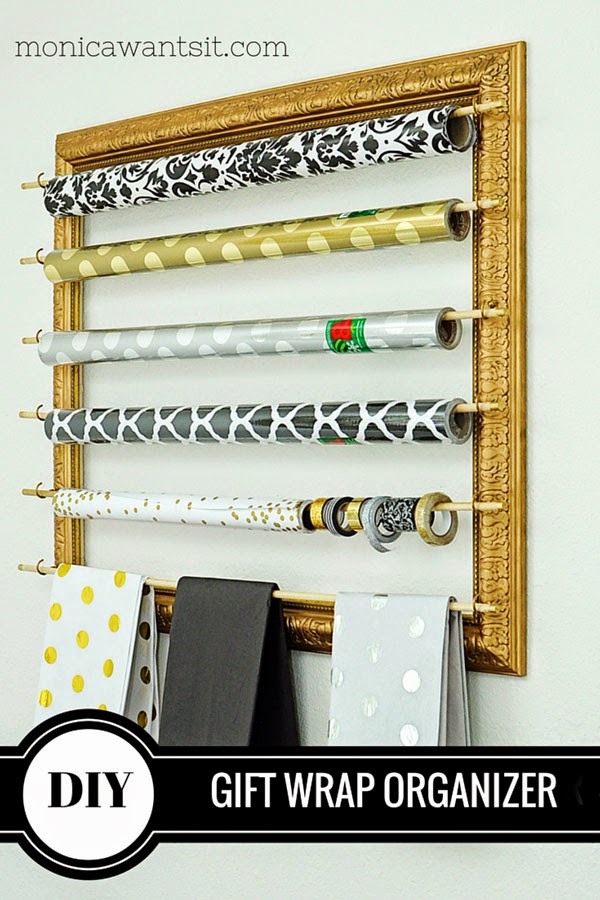 This blogger took a big frame from a thrift store and turned it into a chic gold gift wrapping organizer/station. Looks super easy and gorgeous!