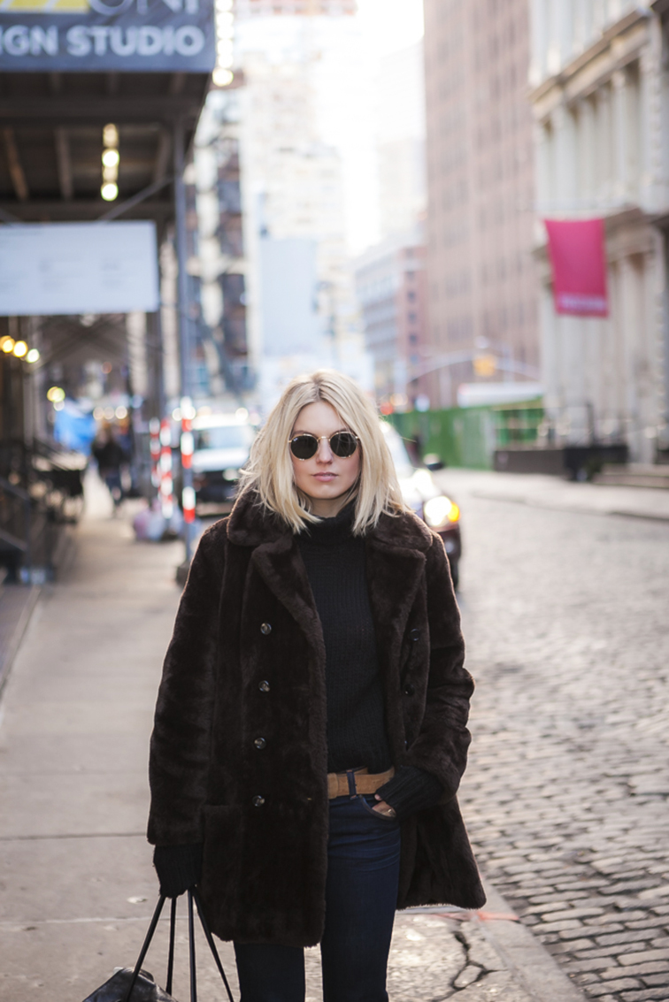 Helene Heath from Fashion Over Reason, SoHo NYC, faux fur coat, Ray-Ban Lennon sunglasses, blogger