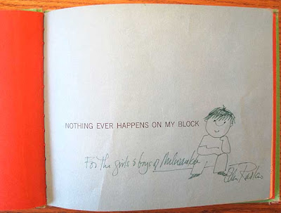 Title page of Nothing Ever Happens on My Block with artist signature and art