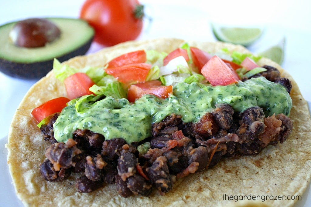 The Garden Grazer Black Bean Tacos with Avocado CilantroLime Sauce
