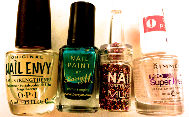 A picture of Opi's Nail Envy, Nail paint by Barry M, Nail constellations and Rimmel pro super wear.