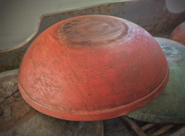 Vintage Wood Bowl painted Bittersweet Red, distressed and aged to look old.  14" diameter