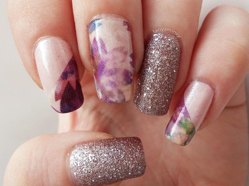 Purple Nude BPS Water Decals And Glitter Avon Stardust Crystalized Pink Nails Nail Art Design NOTD Manicure
