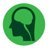 Cognitive Related Accessibility: Symbol depicts the side view of a head with the brain inside on a green background.