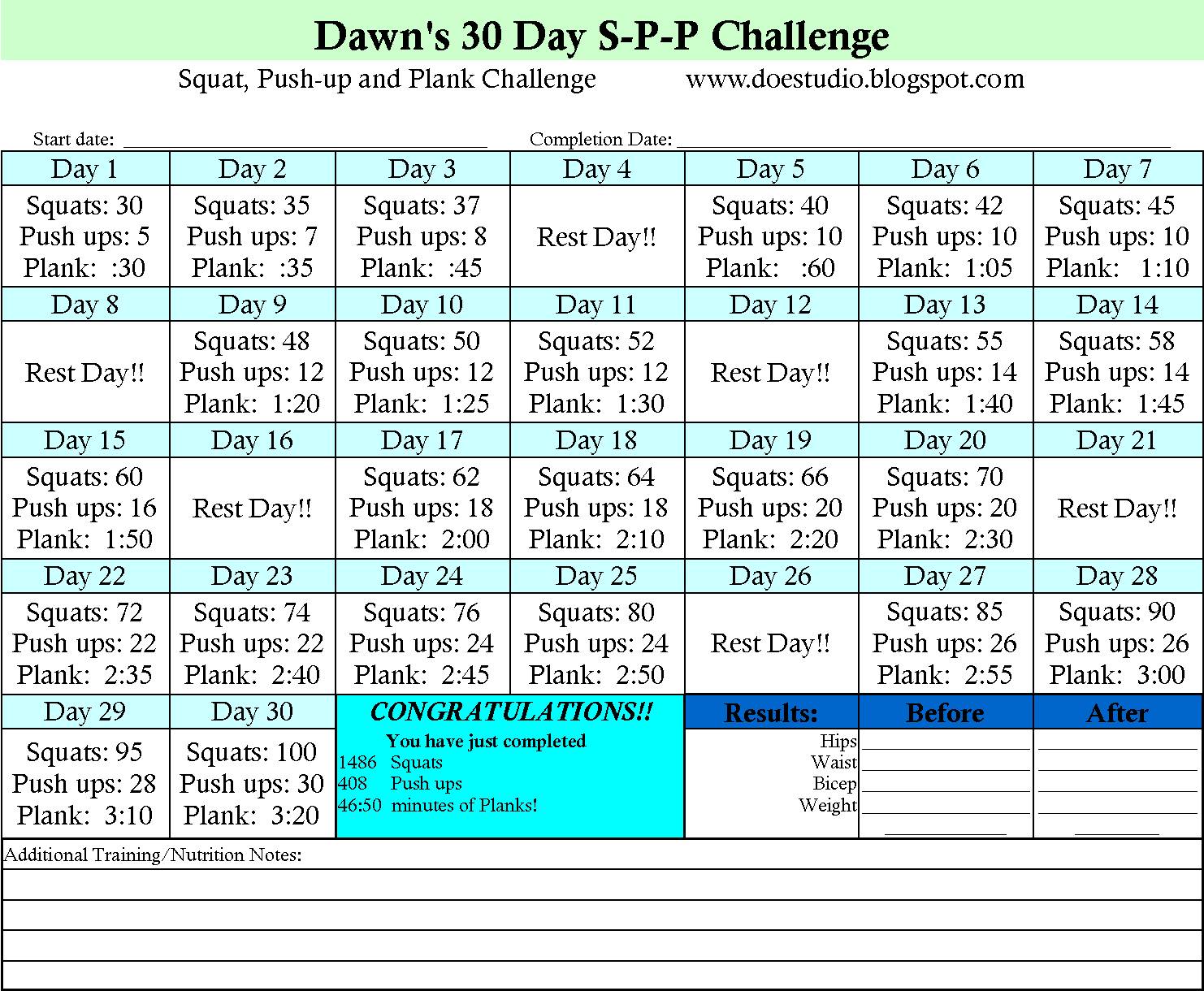 30 Day Squat Challenge Chart To Print