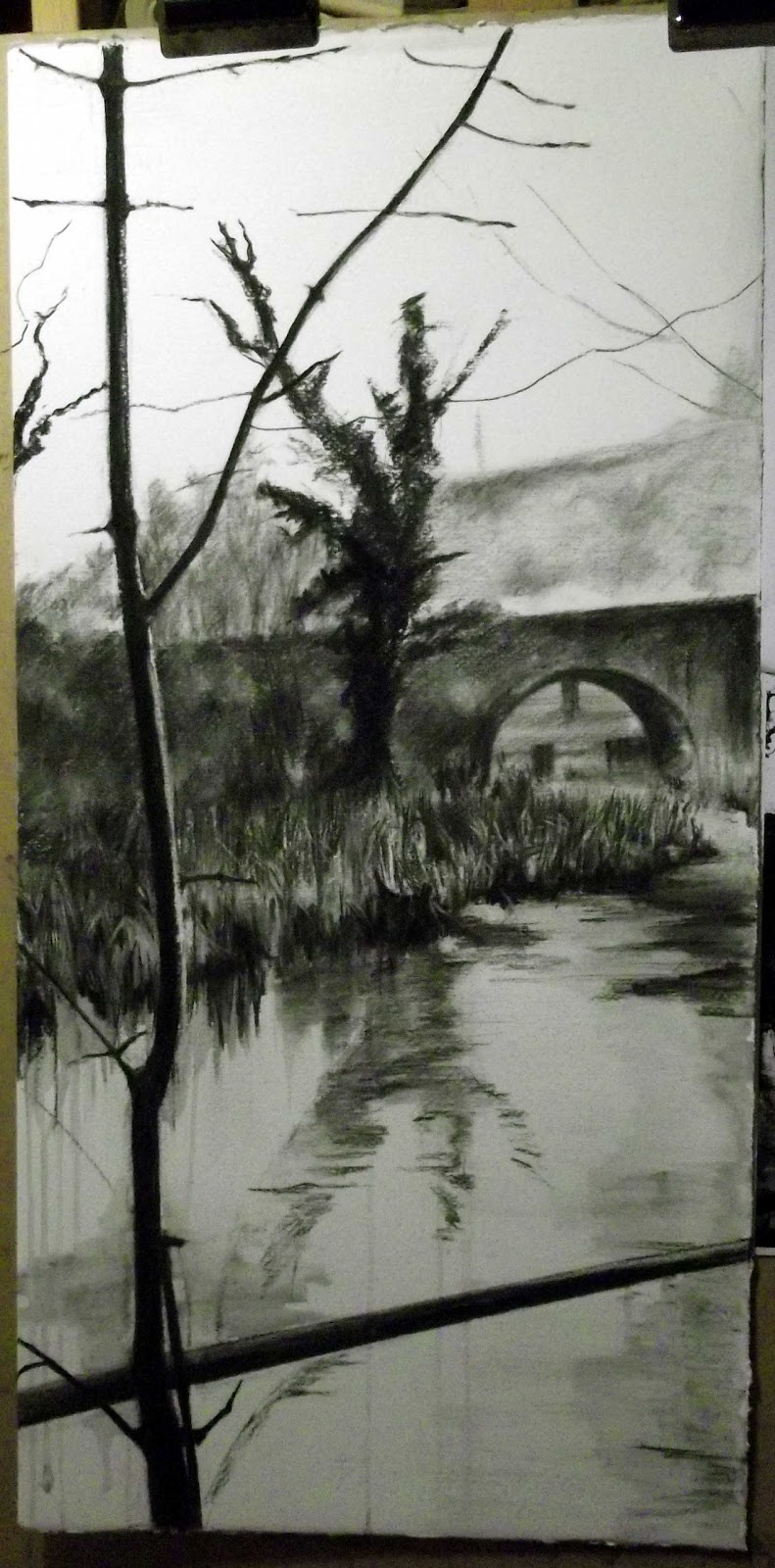 Wendy Rhodes Artist Charcoal drawing Brook reflection