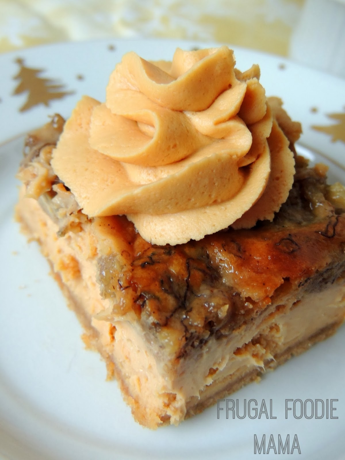 Frugal Foodie Mama Bananas Foster Cheesecake Bars with Caramel Rum Frosting
