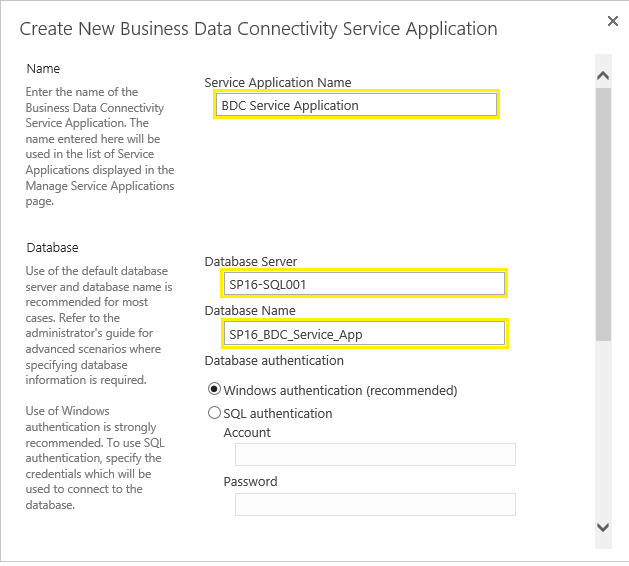 create business data connectivity service application sharepoint 2016