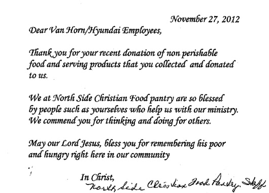 A Thank You Letter From The North Side Chrisitan Food Pantry Van