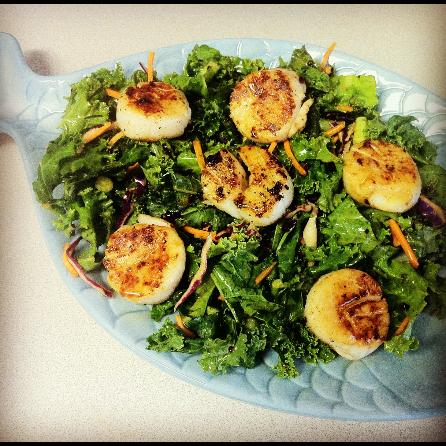 The Late Blooming Chef Pan Seared Scallops over Kale Salad with Mango
