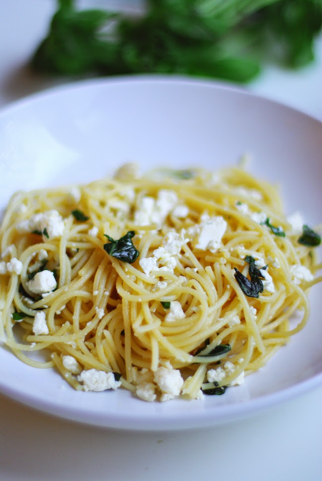 While My Pan Gently Sizzles Pasta with Feta cheese, Basil and Lemon
