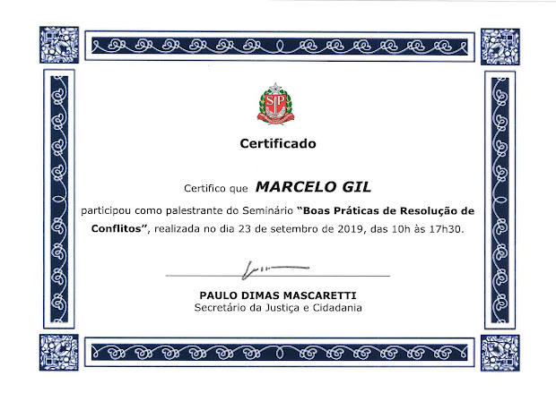 CERTIFICADO CONCEDIDO À MARCELO GIL PELA SECRETARIA DA JUSTIÇA E DA DEFESA DA CIDADANIA / 2019