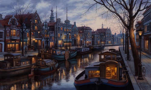 07-Canal-Life-Evgeny-Lushpin-Scenes-of-Realistic-Night-Time-Paintings-www-designstack-co