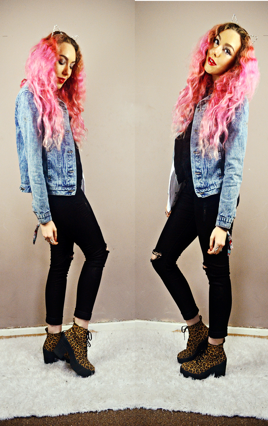 Stephi LaReine// UK Fashion & Lifestyle Blogger with pink hair, rock on ruby kitten ears, asos leopard boots, lilac moon necklaces, quiz ripped jeans, fluffy knit top, boohoo denim jacket, fbloggers, bbloggers, lbloggers