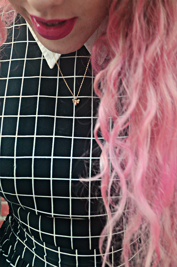 Pinafore// Primark (similar) (similar) Shirt// Primark (similar) (similiar) Tights// Item M6 * Cleated Heels// SpyLoveBuy * Watch// Olivia Burton Rings// Orelia*, Pretty Attitude*, Vintage (similar) Necklace// Orelia* , stephi lareine, uk fashion blogger, pink hair
