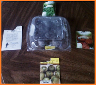 Doughnut container pierced with holes, and holding 10 pellets.  Seed packages from top, going clockwise: organic peas, organic tomatoes, heirloom tomatillos, and local jalapenos.