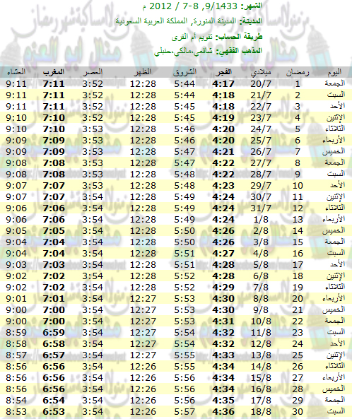امساكية رمضان لجميع الدول 1433 هـ - 2012 مـ  %20شهر%20رمضان%20اللمدينة%20المنورة