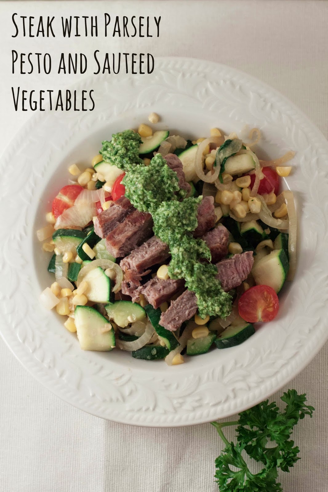 Simply Cooked Beef with Parley Pesto and Sauteed Vegetables