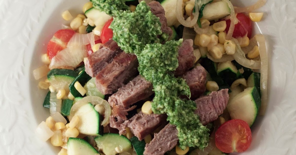 Simply Cooked Beef with Parley Pesto and Sauteed Vegetables