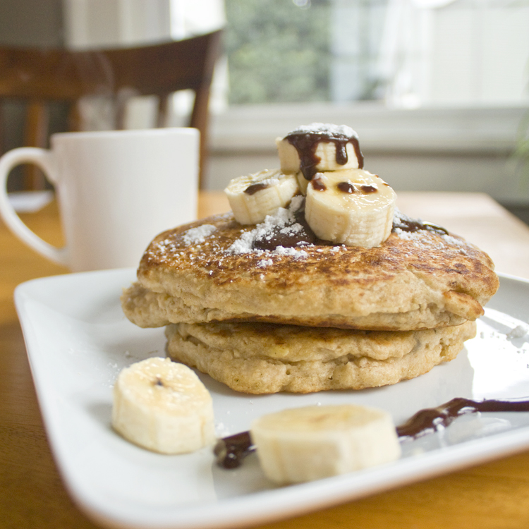 Sunday Brunch Banana Pancakes with Chocolate Syrup MyThirtySpot