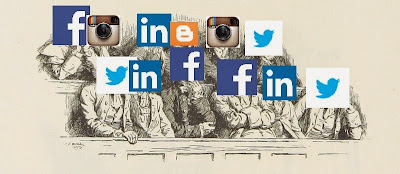 19th century cartoon of jury with Twitter, Facebook, Instagram, and Blogger logos over faces