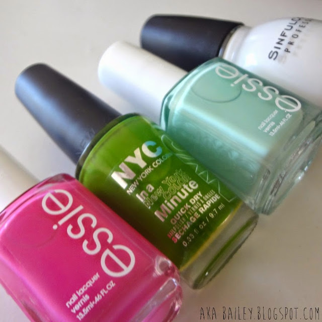Essie Mod Square, NYC High Line Green, Essie Mint Candy Apple, Sinful Colors Snow Me White