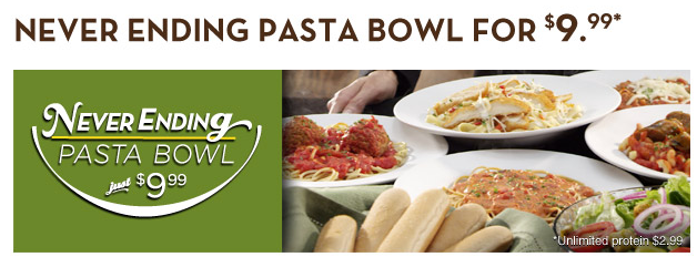 never ending pasta bowl at olive garden for $9.99