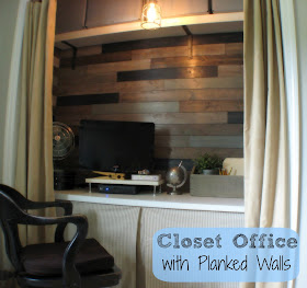 Closet office with planked walls and box pleated skirt