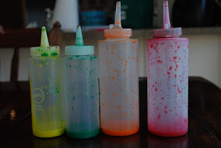 Use paint, home-made puff paint and water in these bottles for lots of fun